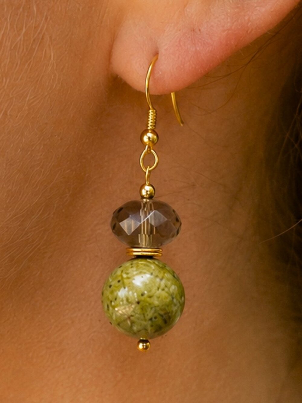 Unakite & Smoky Glass Dangle Earrings, Earthy Gold Minimalist Drops